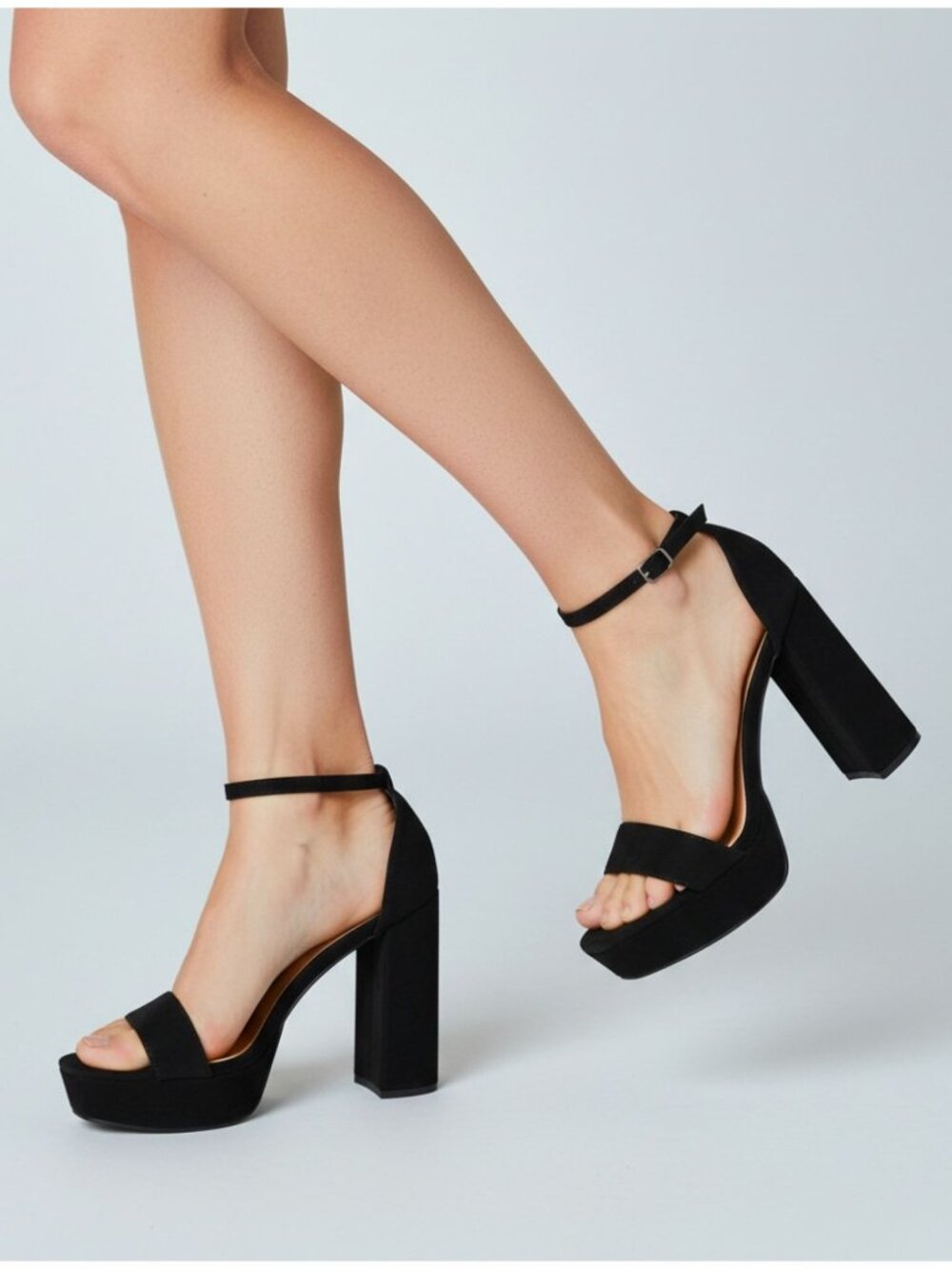 Black Platform Block Heel Sandals With Adjustable Ankle Strap For Women